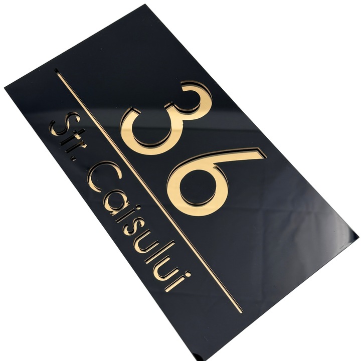 Placuta numar casa, Negru Lucios, Auriu Oglinda, 28x15cm