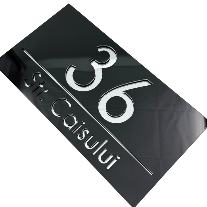 Placuta numar casa, Negru Lucios, Argintiu Oglinda, 28x15cm