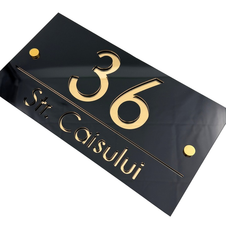 Placuta numar casa, Negru Lucios, Auriu Oglinda, 2 Distantieri Aurii, 28x15cm