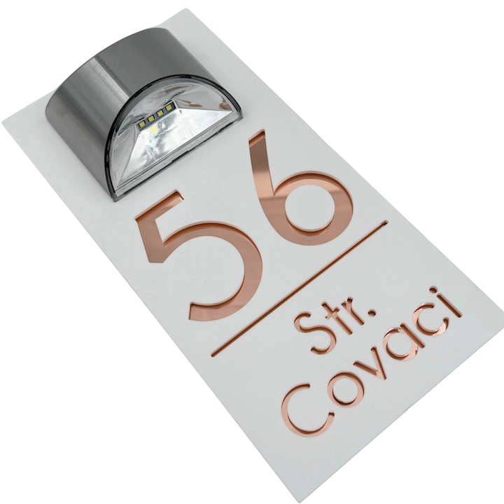 Placuta numar casa, Alb Satinat, Roze Auriu Oglinda, Lampa Solara, 30x15cm