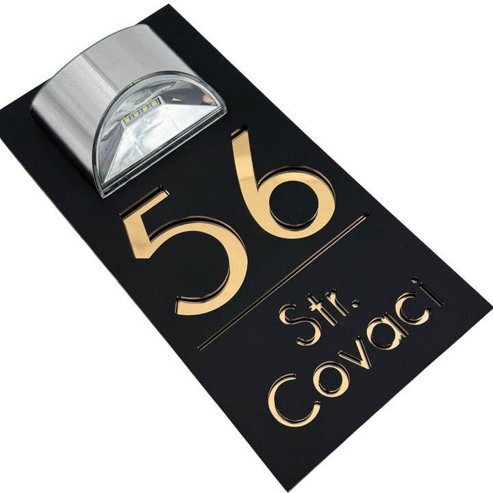 Placuta numar casa, Negru Satinat, Auriu Oglinda, Lampa Solara, 30x15cm