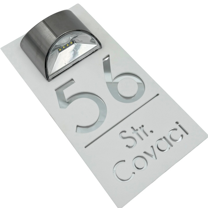 Placuta numar casa, Alb Satinat, Argintiu Oglinda, Lampa Solara, 30x15cm