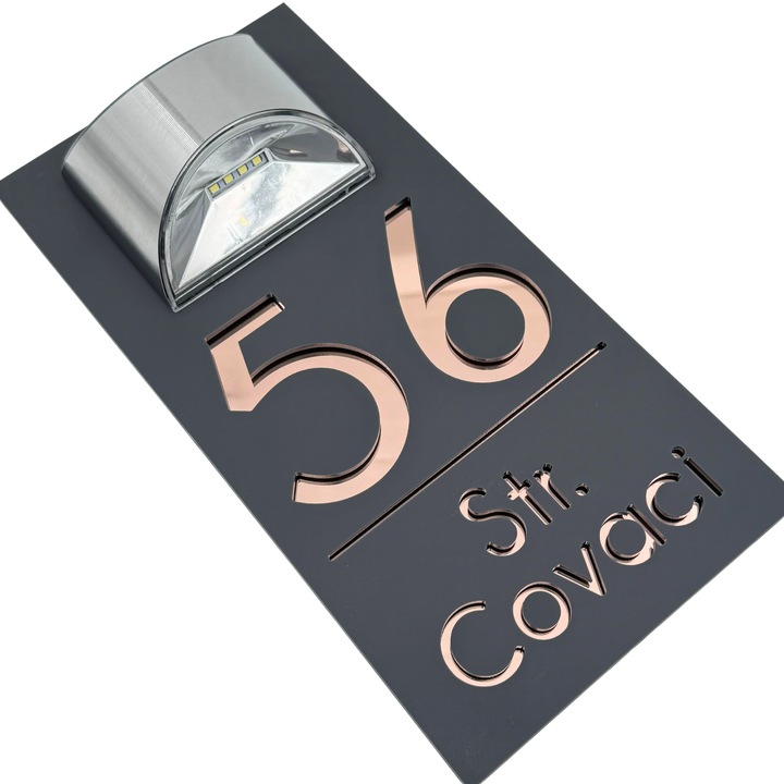 Placuta numar casa, Gri Satinat, Roze Auriu Oglinda, Lampa Solara, 30x15cm