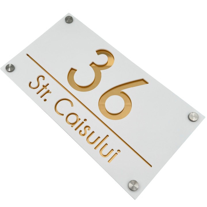 Placuta numar casa, Alb Satinat, Auriu Oglinda, 4 Distantieri Argintii, 28x15cm