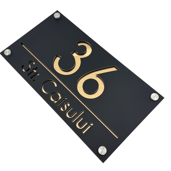 Placuta numar casa, Negru Satinat, Auriu Oglinda, 4 Distantieri Argintii, 28x15cm