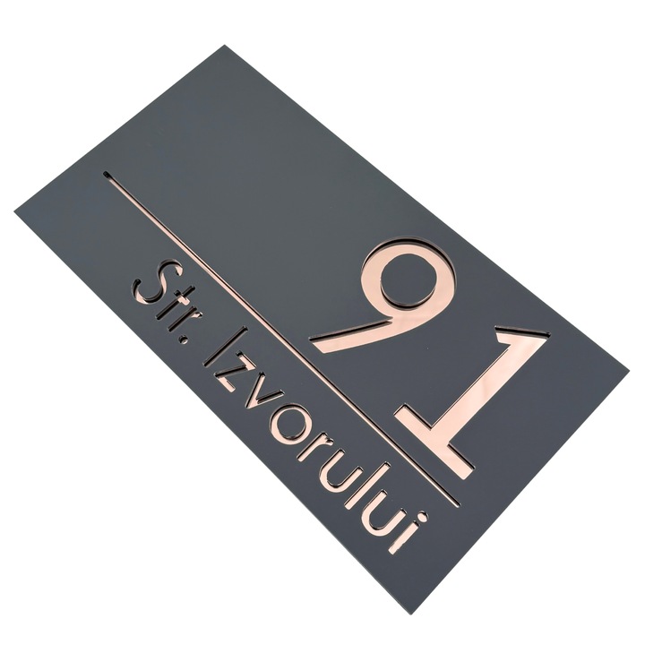 Placuta numar casa, Gri Satinat, Roze Auriu Oglinda, 28x15cm