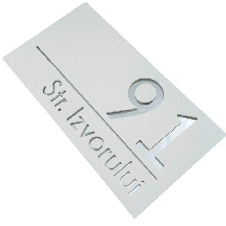 Placuta numar casa, Alb Satinat, Argintiu Oglinda, 28x15cm