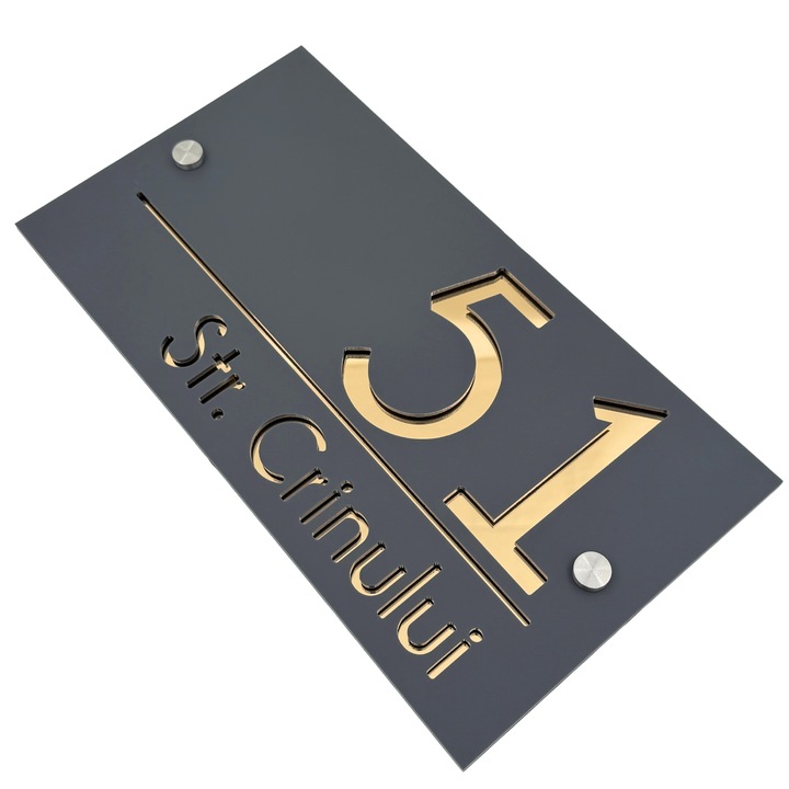 Placuta numar casa, Gri Satinat, Auriu Oglinda, 2 Distantieri Argintii, 28x15cm