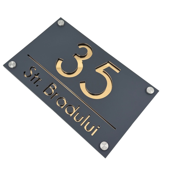 Placuta numar casa, Gri Satinat, Auriu Oglinda, 4 Distantieri Argintii, 24x15cm