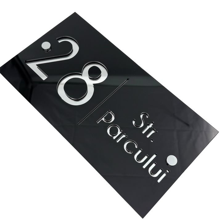 Placuta numar casa, Negru Lucios, Argintiu Oglinda, 2 Distantieri Argintii, 28x15cm