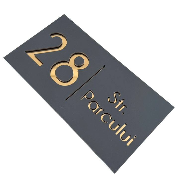 Placuta numar casa, Gri Satinat, Auriu Oglinda, 28x15cm