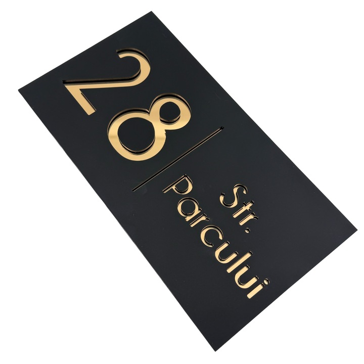 Placuta numar casa, Negru Satinat, Auriu Oglinda, 28x15cm