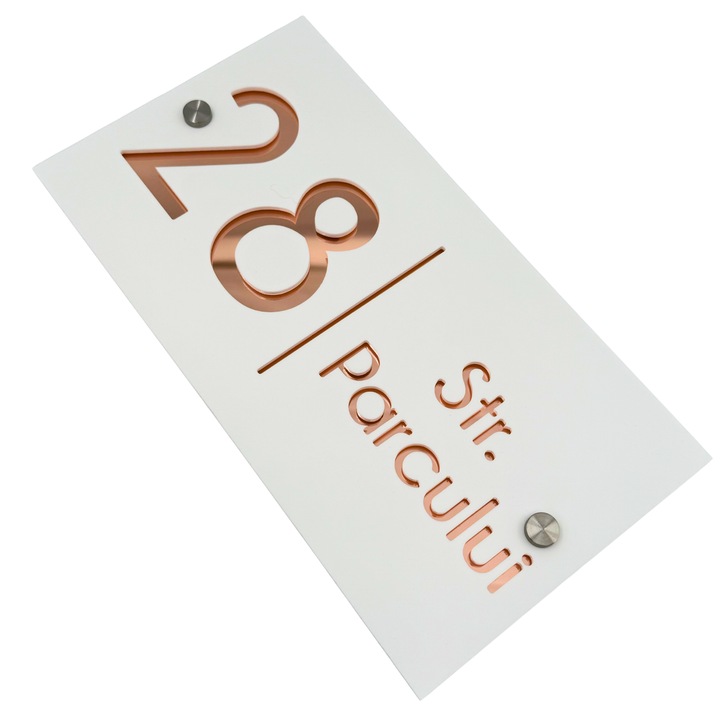 Placuta numar casa, Alb Satinat, Roze Argintiu Oglinda, 2 Distantieri Argintii, 28x15cm