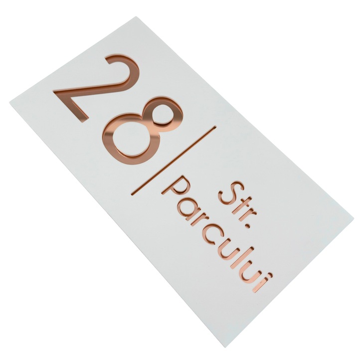 Placuta numar casa, Alb Satinat, Roze Auriu Oglinda, 28x15cm