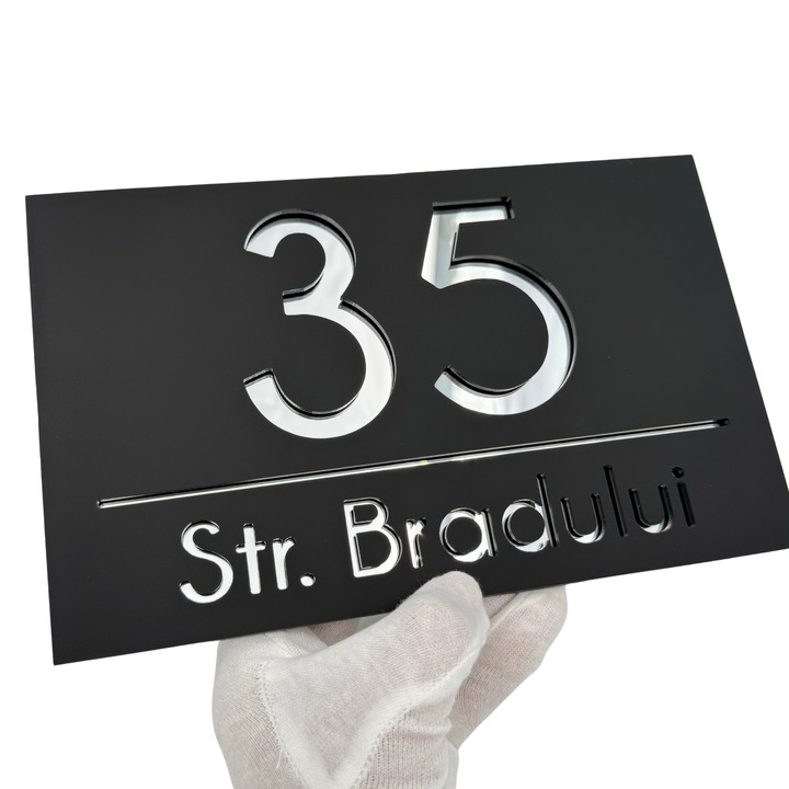Placuta numar casa, Negru Satinat, Argintiu Oglinda, 24x15cm