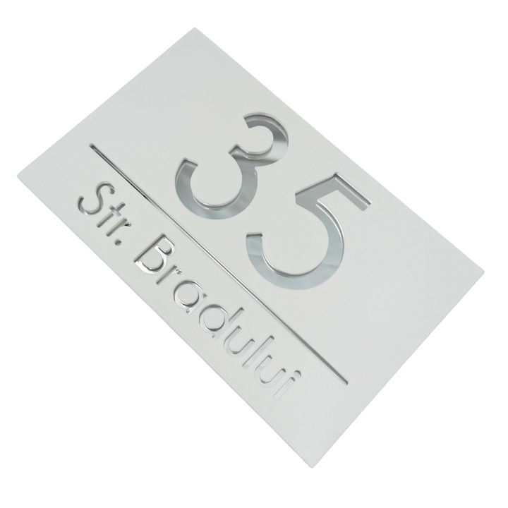 Placuta numar casa, Alb Satinat, Argintiu Oglinda, 24x15cm