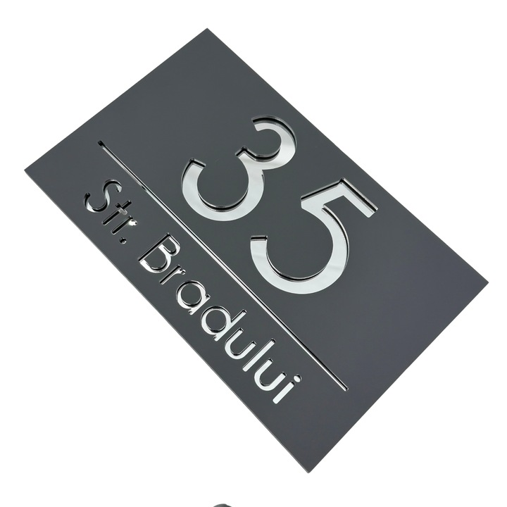 Placuta numar casa, Gri Satinat, Argintiu Oglinda, 24x15cm