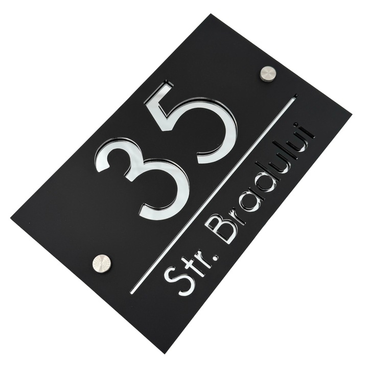 Placuta numar casa, Negru Satinat, Argintiu Oglinda, 2 Distantieri Argintii, 24x15cm