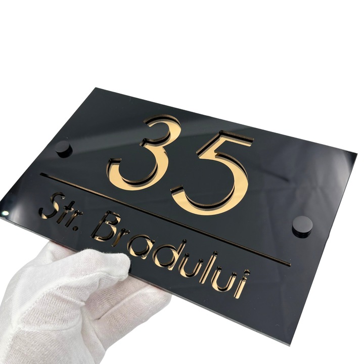 Placuta numar casa, Negru Lucios, Auriu Oglinda, 2 Distantieri Negrii, 24x15cm