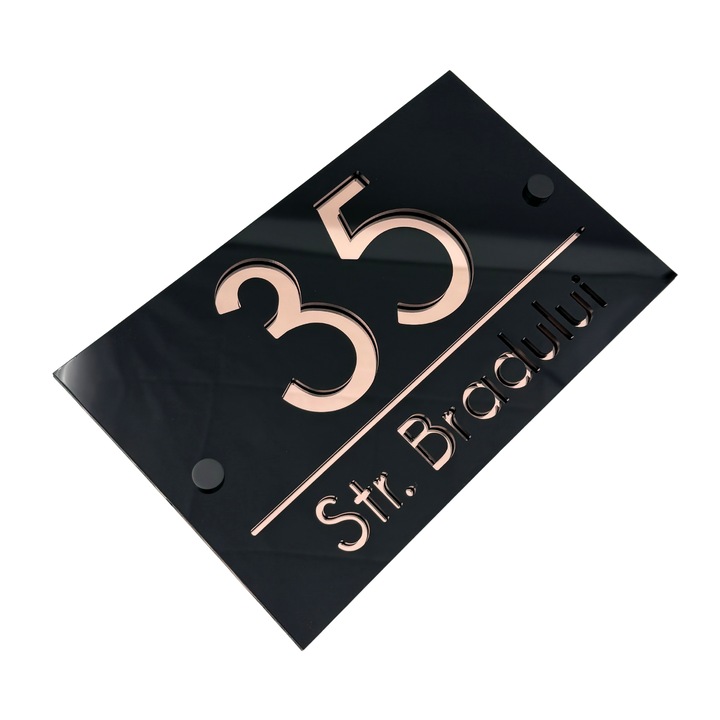 Placuta numar casa, Negru Lucios, Roze Auriu Oglinda, 2 Distantieri Negrii, 24x15cm