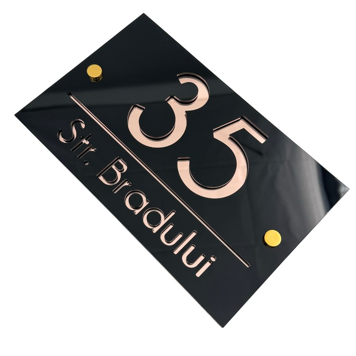 Placuta numar casa, Negru Lucios, Roze Auriu Oglinda, 2 Distantieri Aurii, 24x15cm