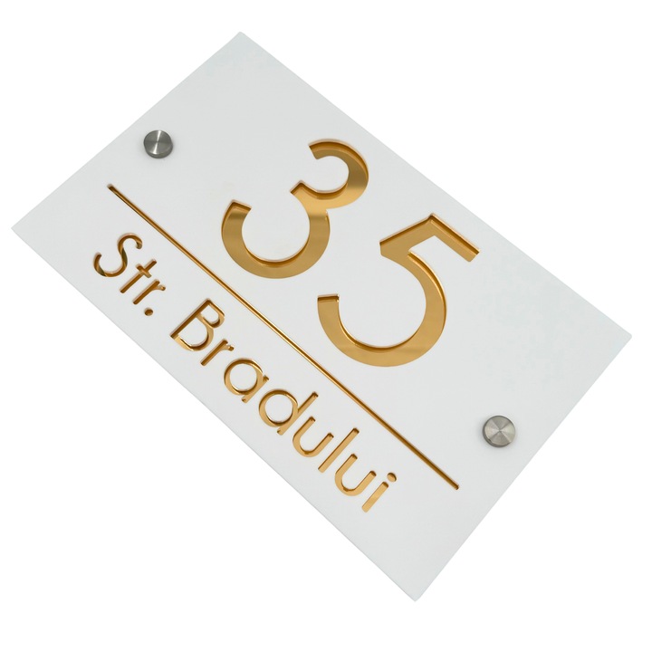 Placuta numar casa, Alb Satinat, Auriu Oglinda, 2 Distantieri Argintii, 24x15cm