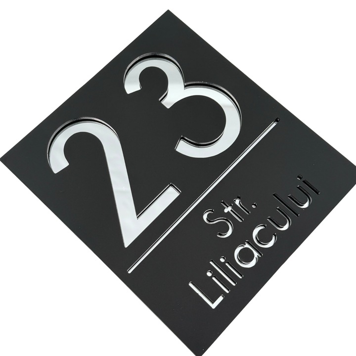 Placuta numar casa, Negru Satinat, Argintiu Oglinda, 18x16cm