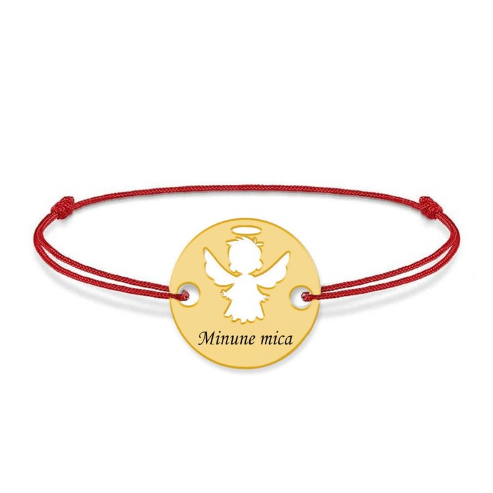 Bratara personalizata pentru copii 1-5 ani, descult, snur rosu si argint 925 placat cu aur 24K
