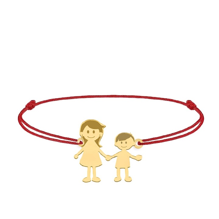 Bratara personalizata mama si baietel cu snur rosu, argint 925 placat cu aur 24K - Family 2 membri