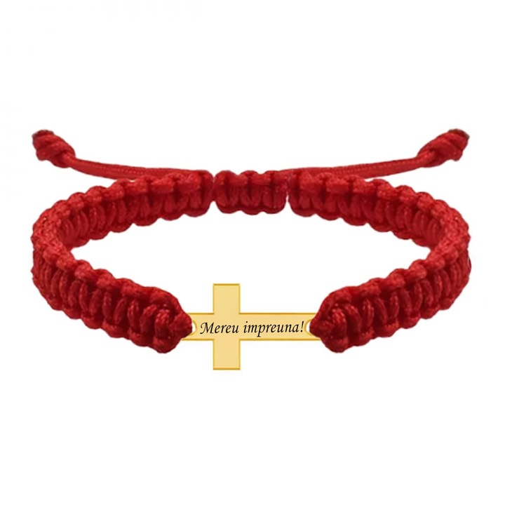 Bratara personalizata "Mereu impreuna" cu cruce, snur rosu, argint 925 placat cu aur 24K