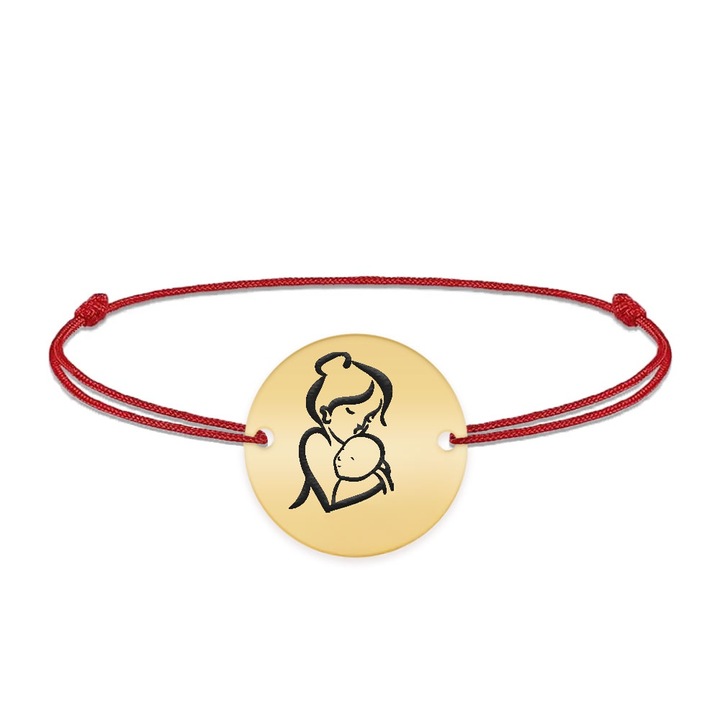 Bratara personalizata Mama & Copil, snur rosu, argint 925 placat cu aur 24K - Ami - BijuBOX