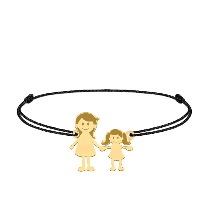 Bratara personalizata mama si fetita, snur negru, argint 925 placat cu aur 24K - Family 2 membri