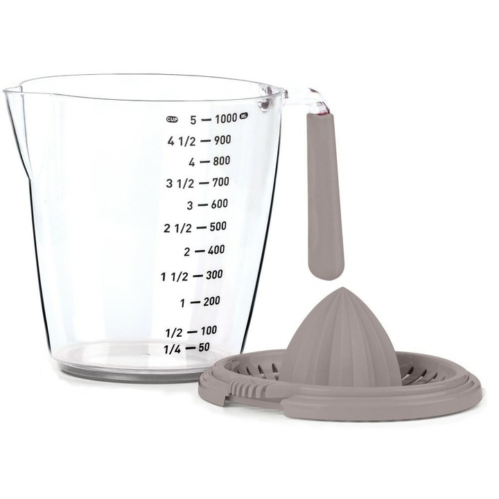 Gyümölcscentrifuga Préssel és Adagolással, OKYANUS, 1L, Citrusfélékhez, Ergonomikus Fogantyú, Precíz Mérleg, Ideális Friss Levekhez és Egészséges Étkezéshez, Stabil Gumi Talp, 12 x 12 Cm, Sötét Bézs