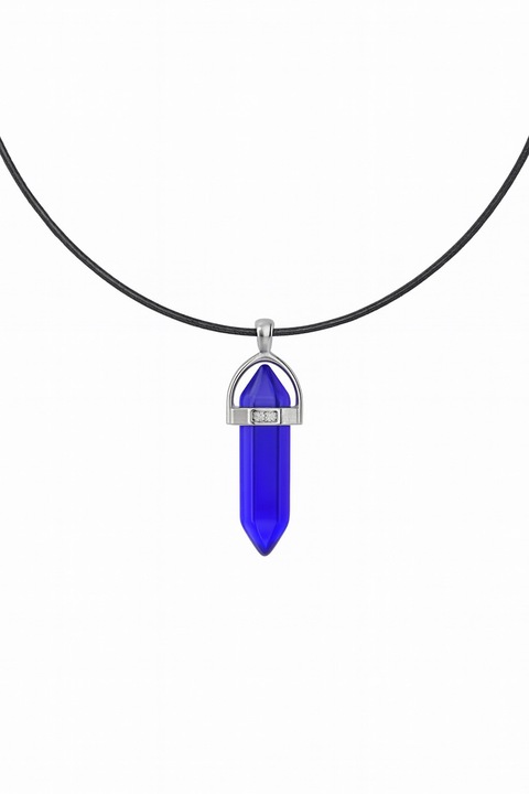 Colier din piele cu pandantiv hexagonal din cristal natural, Albastru inchis