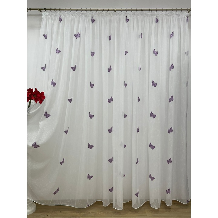 Perdea brodata, culoare alb/mov, cu rejansa, 600x245cm, din colectia "Papillon" by Liz Line - PD0436