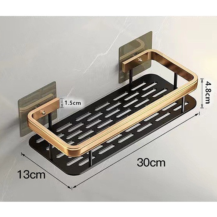 Etajera de baie autoadeziva din aluminiu, montaj fara gaurire, dreptunghi lung, negru cu detalii auriu – 30x13x4,8 cm