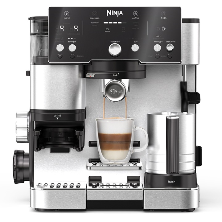 Espressor semi-automat 2in1 Ninja Luxe Cafe Essential ES501EU, 1650W, rasnita incorporata cu 25 trepte de macinare, Barista Assist, cantar incorporat, autocuratare a sistemului de spumare, 2 filtre Luxe si Double, inox