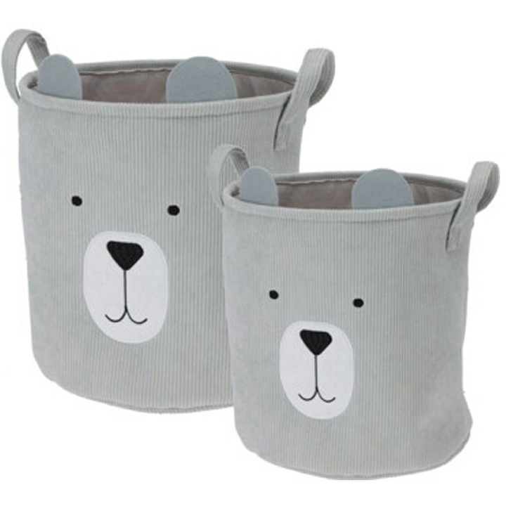 Set Cosuri De Depozitare, H&S Decoration, 2 Bucati, Stofa Moale De Catifea, Motive Brodate Cu Animale, Manere Confortabile, Dimensiuni Diferite 25x25 Si 30x30 Cm, Ideale Pentru Depozitarea Jucariilor Si Accesoriilor, Pentru Camera Copilului, Gri