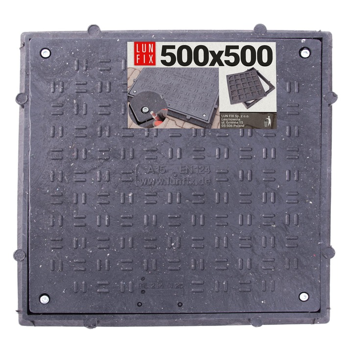 Capac canalizare Lun Fix, rezistent la coroziune, maxim 1.5t, 50x50 cm, negru