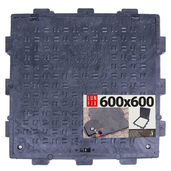 Капак за канализация, клапа, капак, канализация, за септична яма, 60x60 см, черен 1.5 т