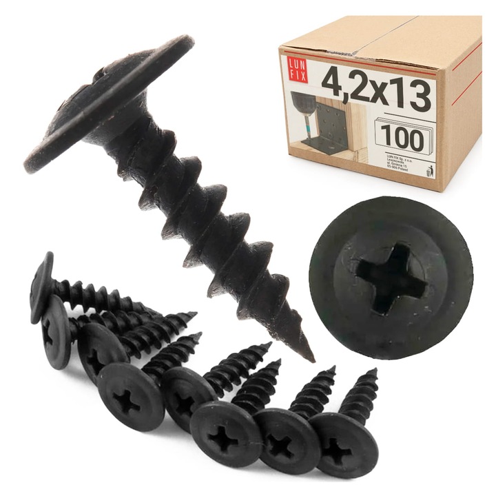Suruburi metalice fosfatate negre 4.2x13 cu cap saiba 100 buc