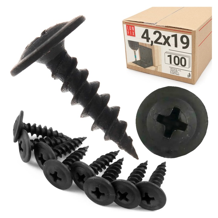 Suruburi metalice fosfatate negre 4.2x19 cu cap saiba 100 buc