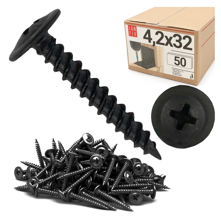 Suruburi metalice fosfatate negre 4.2x32 cu cap saiba, 50 bucati, Lun Fix