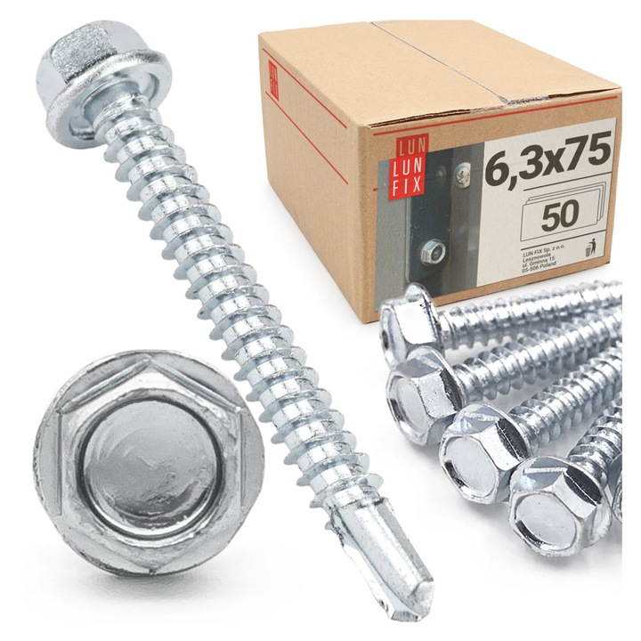 Suruburi autoforante 6,3x75 cap hexagonal DIN7504 galvanizate, 50 bucati, Lun Fix