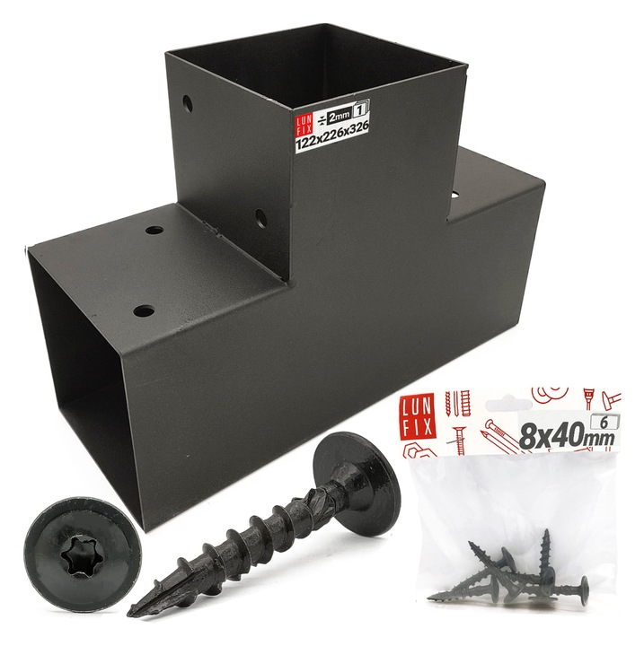 Set conector pentru lemn in forma de T/10 suruburi, 12x12cm cu suruburi de 8x40 mm, Lun Fix