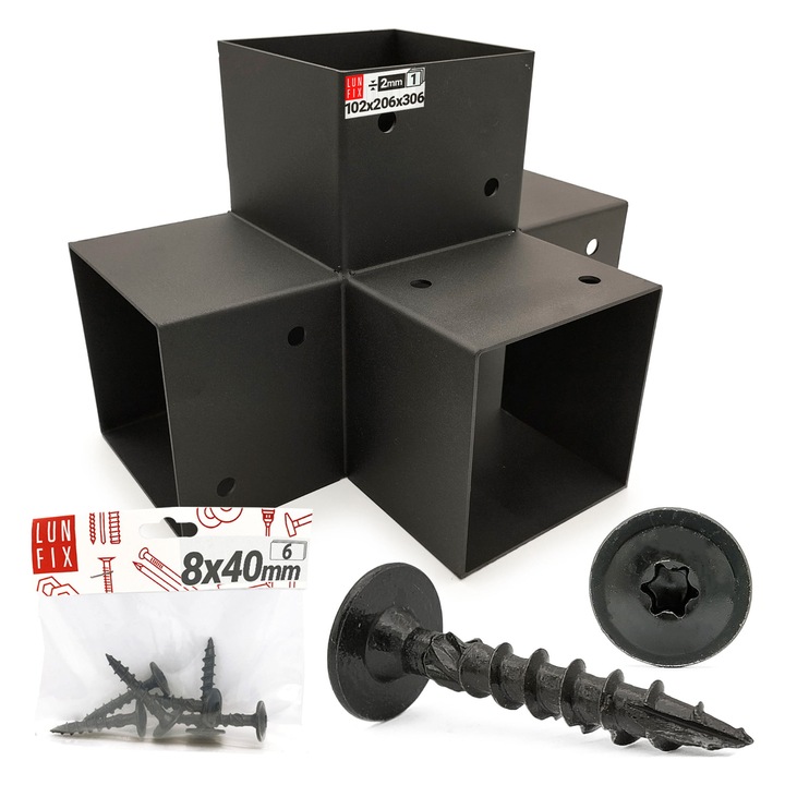 Set de conectori din lemn in forma de X de 10x10cm cu suruburi de 8x40 mm, Lun Fix