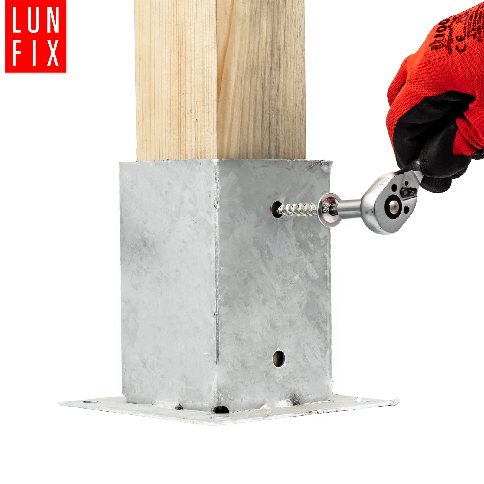 Set montaj baza stalp 12x12 cm, Lun Fix, otel zincat, 10 suruburi
