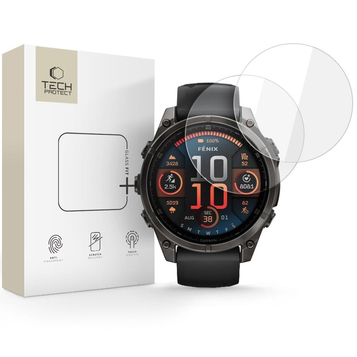 Комплект фолио Tech Protect Glass Fit Plus, съвместимо с Garmin Fenix 8, 2 броя, 47 мм, прозрачно, Закалено стъкло