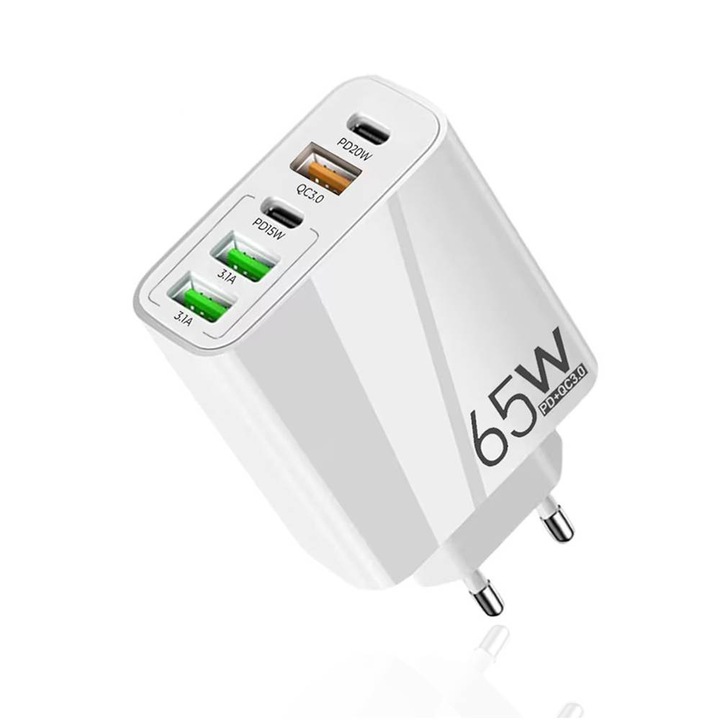 Incarcator de priza Smart 5 in 1 GaN Universal Super Charger – 65W Compact 2 x Type-C PD + 3 x USB Fast Charging compatibil Samsung iPhone Xiaomi Motorola Oppo Honor - alb