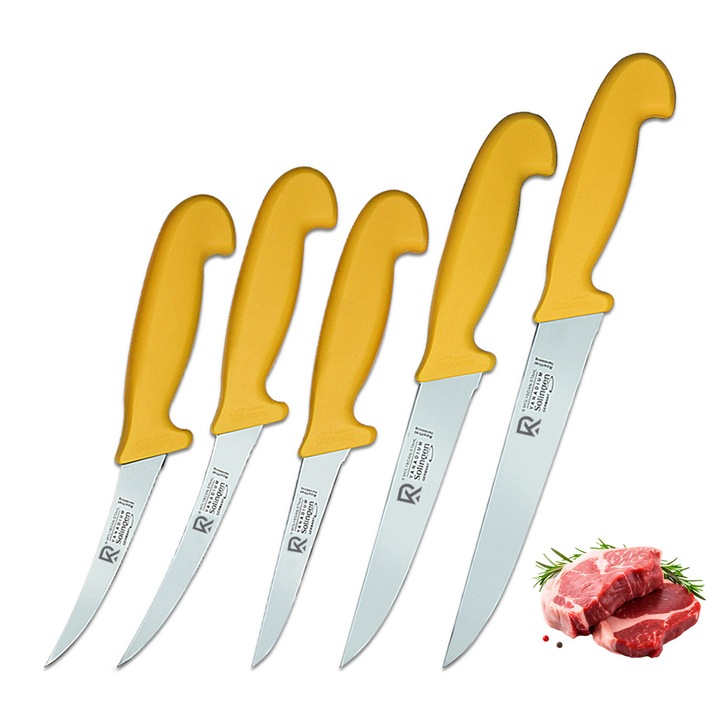 RKA Solingen 5 részes professzionális henteskéskészlet – 2 henteskés és 3 csontozókés (2 hajlított és 1 egyenes), húsfeldolgozáshoz és szeleteléshez – német 1.4116 acél